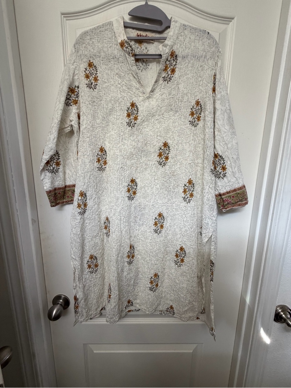 fabindia White Tunic Dress with Gold Floral Motifs